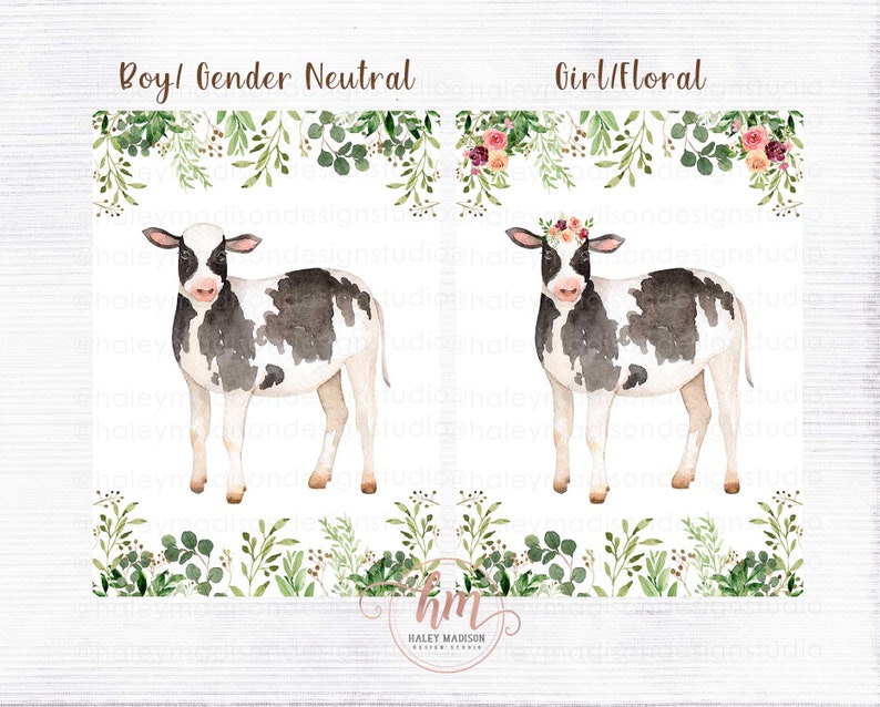 May include: Two watercolor illustrations of a black and white calf. The calf on the left is gender neutral. The calf on the right is wearing a floral crown and is labeled "Girl/Floral". Both calves are surrounded by green foliage.