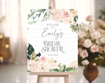 Puede incluir: Un cartel blanco con un diseño floral con flores de acuarela rosa y verde. El cartel dice "Bienvenido al Shower Nupcial de Emily 11.12.2024".