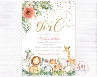 Girl Jungle Baby Shower Invitation, Safari Baby Shower Invitation, Gold Baby Shower jungle invitation, Jungle Baby Shower Invitation HM952