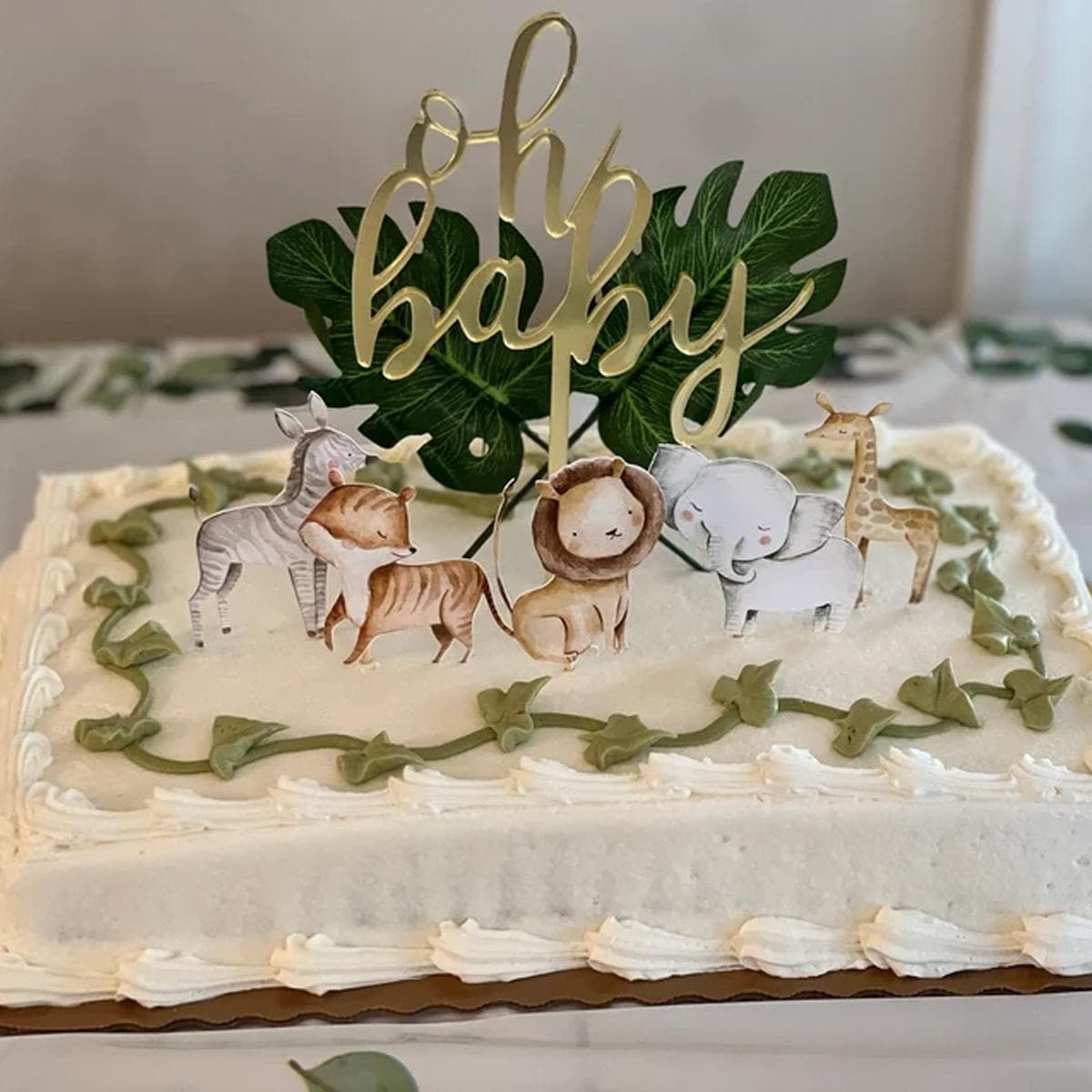 Décoration Gâteau Lion Safari - Topper Animal Forêt Avec Boules Vertes Et Dorées Pour Anniversaire Enfant