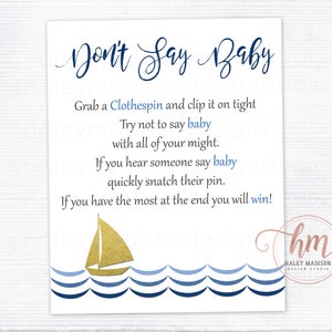 Nautical Don&#39;t say Baby game sign, Nautical baby shower game, Nautical Clothespin game, Nautical baby shower game sign PRINTABLE FILE HM386