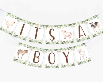 Farm Animals It's a Boy Baby Shower Banner, Farm Baby Shower sign, Farm baby animals, Floral Farm It's a Girl greenery Banner HM596