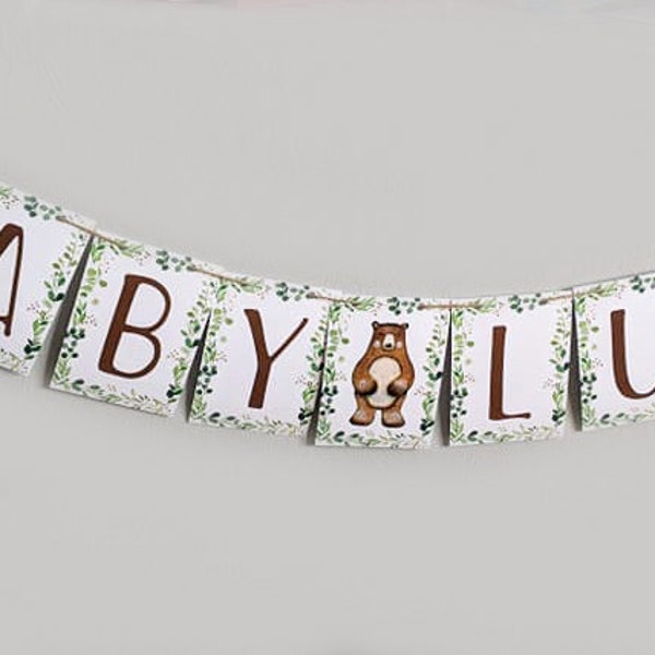 Woodland Baby Name Banner, Woodland Greenery Baby Shower Name Banner, Custom Woodland Baby Shower Banner, Gender Neutral baby shower sign