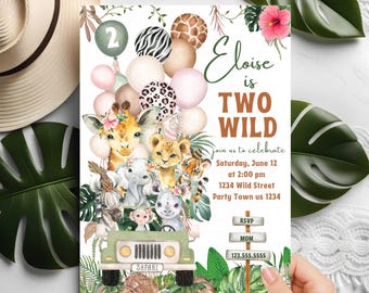 Editable Two Wild Jungle Invitation, Pink Jungle Animals birthday party invitation, Girl Jungle Safari animals invitations
