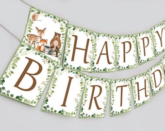 Woodland Happy Birthday Banner, Woodland Birthday Party Banne, Woodland party decorations, Pink woodland Happy Birthday Sign woodland banner