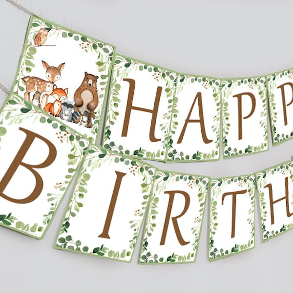 Woodland Happy Birthday Banner, Woodland Birthday Party Banne, Woodland party decorations, Pink woodland Happy Birthday Sign woodland banner