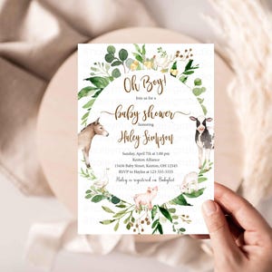 Farm Baby Shower Invitation, Farm Oh Boy Baby Shower Invitation, Farm animals baby shower, Farm greenery invitation, farm invitation HM596