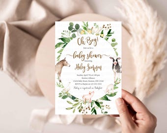 Farm Baby Shower Invitation, Farm Oh Boy Baby Shower Invitation, Farm animals baby shower, Farm greenery invitation, farm invitation HM596