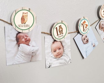 Woodland 12 month photo banner, Woodland First Birthday Photo Banner, Woodland Picture Banner, Baby's first year sign, woodland animals sign