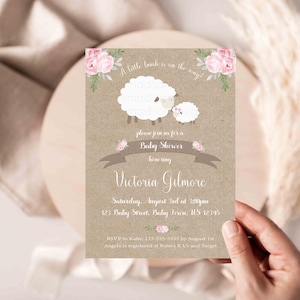 Pink Little Lamb Baby Shower Invitation Digital or Printed