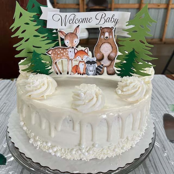 Woodland Cake topper, Welcome Baby Cake topper, woodland baby shower topper, woodland greenery cake decoration, Woodland animal toppers