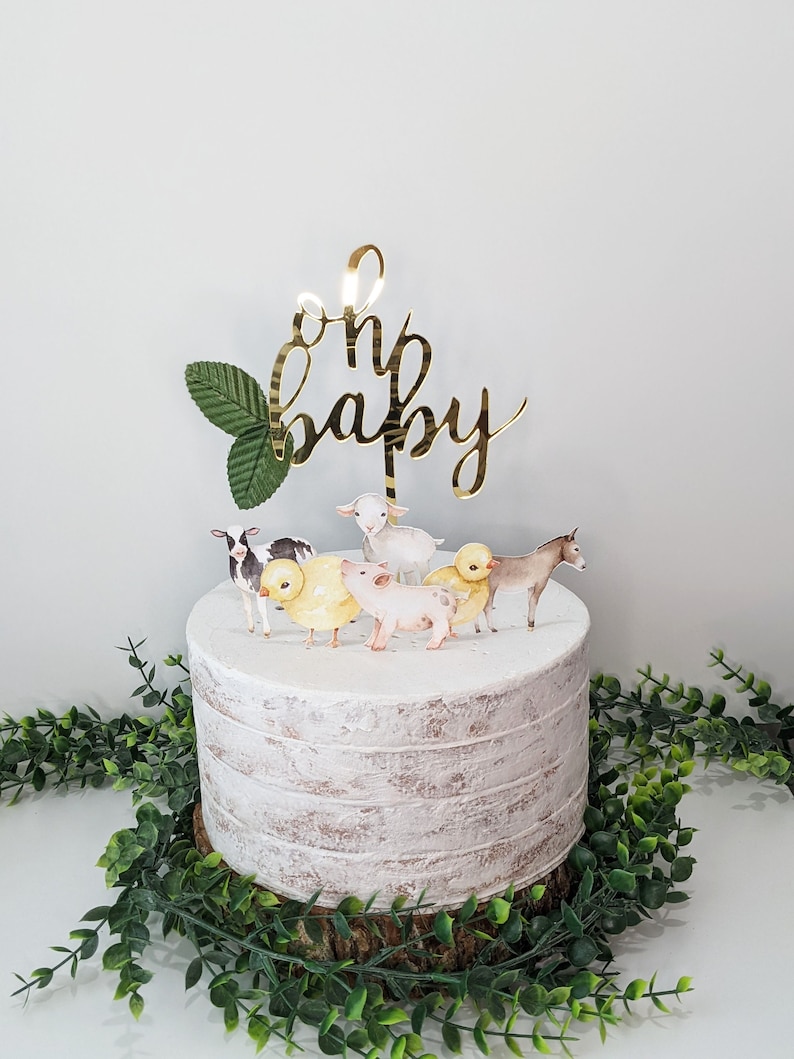 Farm Gold "oh baby" cake Topper, Farm Baby Shower Cake Topper, Farm gender neutral cake topper, Farm Animals Baby Shower decor HM596 bild 1