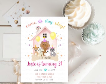 May include: A white invitation card with a dog-themed birthday party design. The card features illustrations of various dog breeds, a pink house, balloons, and the text "come, sti, stay, play!" and "LET'S PAWTY!" The text "Josie is turning 3!" is also included.