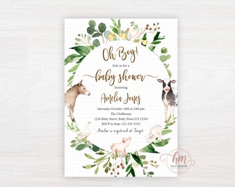 Farm Baby Shower Invitation, Farm Oh Boy Baby Shower Invitation, Farm animals baby shower, Farm greenery invitation, farm invitation HM596