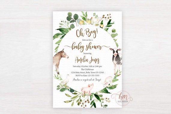 Farm Baby Shower Invitation, Farm Oh Boy Baby Shower Invitation, Farm  animals baby shower, Farm greenery invitation, farm invitation HM596