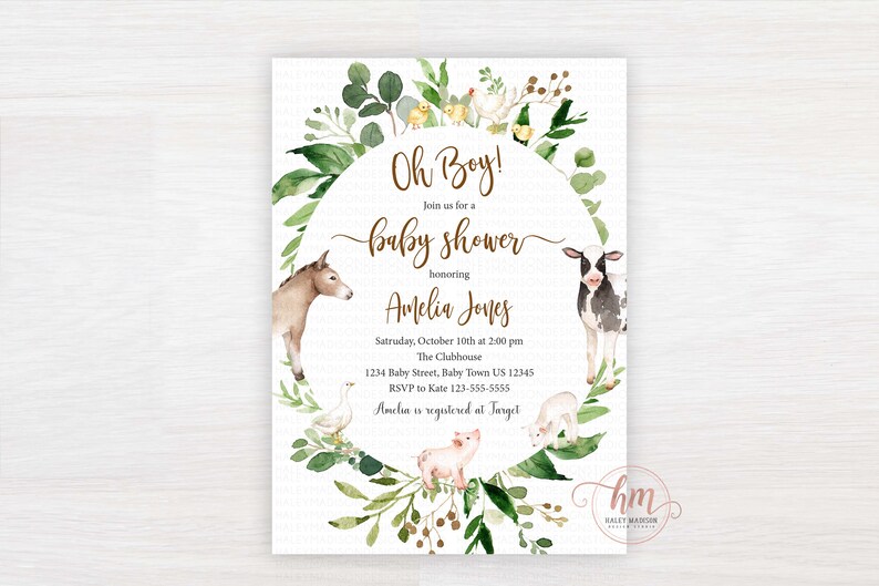 Farm Baby Shower Invitation Farm Oh Boy Baby Shower Invitation Farm animals baby shower Farm greenery invitation farm