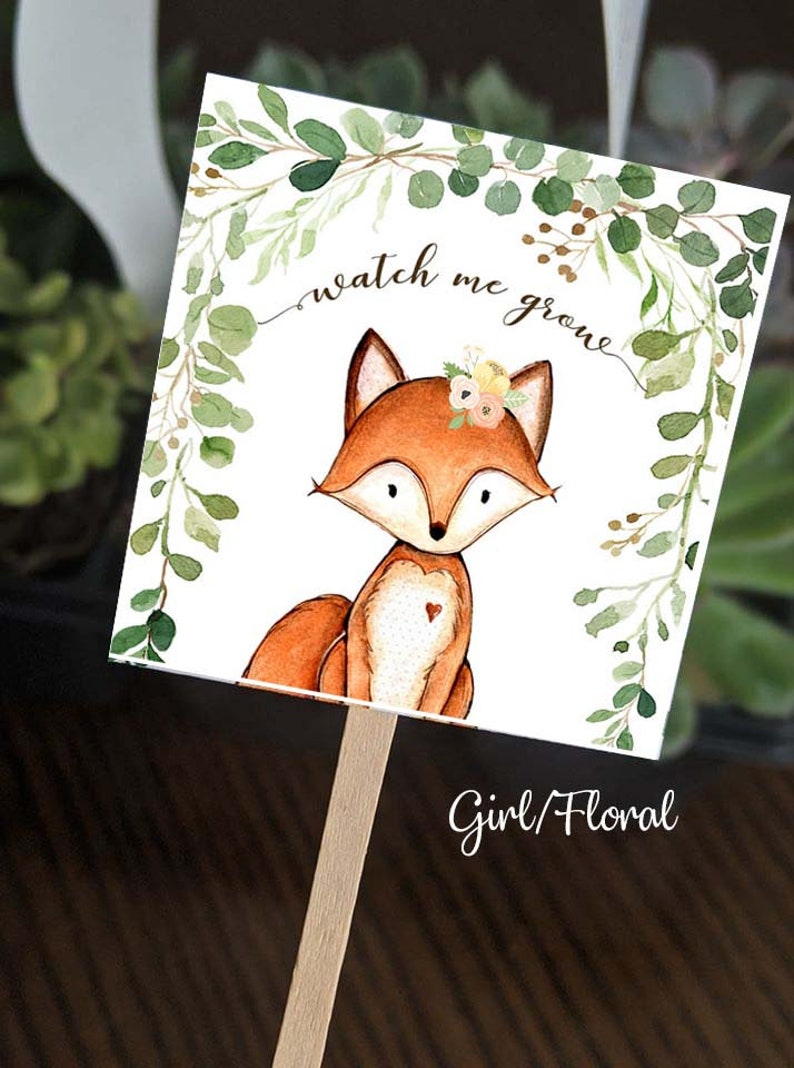 May include: A square sign with a watercolor illustration of a fox with a floral crown and a heart on its chest. The sign has the text "watch me grow" and is surrounded by green leaves. The words "Girl/Floral" are written at the bottom.