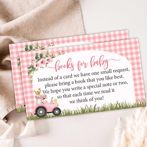 Cartes de demande de livre rose animaux de la ferme imprimables, livres de baby shower à la ferme pour cartes de bébé, apportez un livre au lieu d'une carte