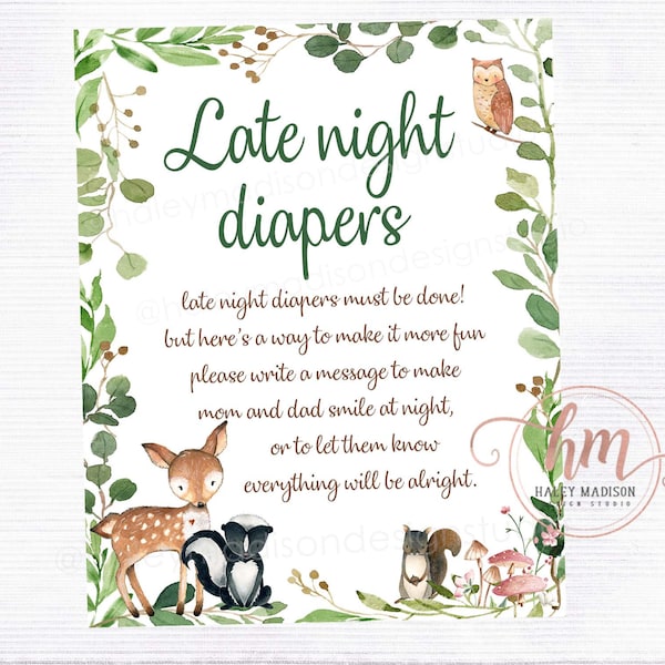 Woodland Late Night Diapers sign, woodland baby shower diapers sign, write a message on diaper, greenery woodland shower PRITNABLE FILE