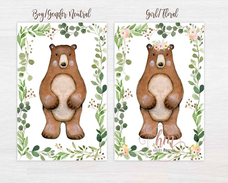 May include: Two watercolor illustrations of a brown bear with green foliage surrounding the bear. The bear on the left has no accessories. The bear on the right has a floral crown. The text "Boy/Gender Neutral" is above the left bear and the text "Girl/Floral" is above the right bear.
