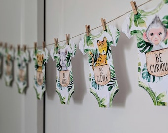 Banner para baby shower con temática de la selva, letrero para bodys con animales de safari