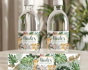 May include: Two clear water bottles with white caps, each featuring a label for "Nicole's Baby Shower." The labels showcase a jungle theme with illustrations of animals like lions, elephants, and giraffes, surrounded by green foliage.