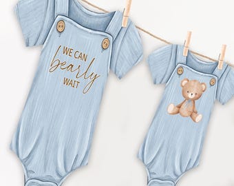 Teddy Bear bodysuit banner, We can bearly wait baby shower sign
