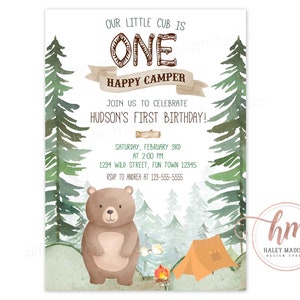 One Happy Camper Invitation, Camping birthday Invitation, Camp first birthday party invitation Bear camping invitation, Little bear cub