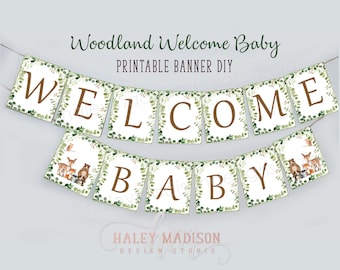 PRINTABLE Woodland Welcome Baby Banner, Baby Shower Banner, Woodland Baby Shower, Woodland Greenery Baby shower, gender neutral baby shower