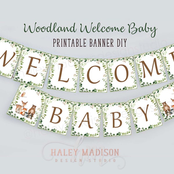 DRUCKBARE Wald-Willkommens-Baby-Banner, Baby-Dusche-Banner, Wald-Baby-Dusche, Wald-Grün-Baby-Dusche, geschlechtsneutrale Baby-Dusche