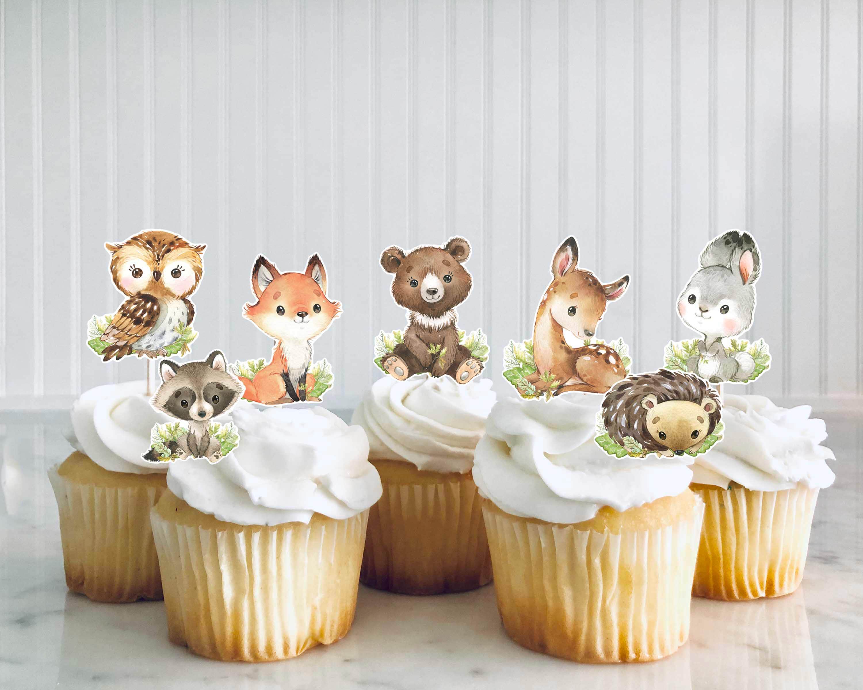 Set of 12 Woodland Cupcake Toppers, Woodland Baby Shower cupcake toppers, Woodland baby shower decorations, Forest baby animals, Cupcakes
