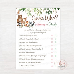 IMPRIMIBLE Woodland Baby Shower Juego, Adivina quién mamá o papá Juego Woodland, Woodland Baby Shower tarjeta de juego imprimible, vegetación del bosque