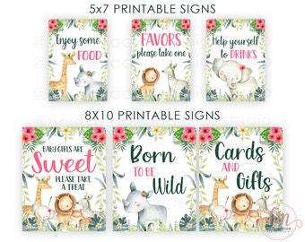 May include: Printable signs for a baby shower with a jungle theme. The signs feature a pink and green color scheme with illustrations of giraffes, elephants, and lions. The text on the signs includes "Enjoy some food", "Favors please take one", "Help yourself to drinks", "Baby girls are sweet please take a treat", "Born to be wild", and "Cards and gifts".