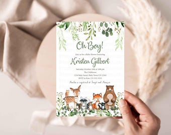 Woodland Baby Shower Invitation, Woodland Greenery Invitation, Oh Boy Woodland invitation, woodland animals invitation