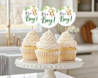 Jungle Monkey Cupcake Toppers, Safari Baby Shower Decorations (Set of 12)