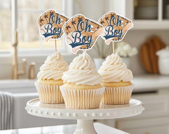 Baseball cupcake toppers size 2" Set of 12 "Oh Boy" baby shower toppers