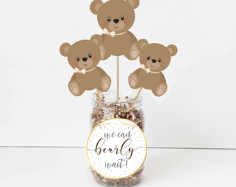 PRINTABLE Teddy Bear Centerpieces,  Teddy Bear Baby Shower, Bearly Wait Printable bear center pieces, gender neutral teddy bear sign HM887