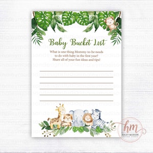 Cartes imprimables de la liste de seaux de bébé dans la jungle, voeux de baby shower de la jungle pour les cartes de bébé, conseils pour la première année de bébé dans la jungle, verdure de la jungle HM952