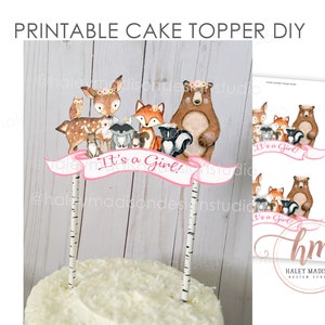 PRINTABLE Girl Woodland Cake topper, It&#39;s a Girl Woodland baby shower Cake topper, Woodland cake decoration, Pink Woodland cake topper