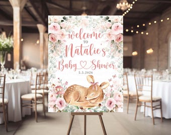 Pink Woodland Welcome sign, Deer Baby Shower, Birthday Party (Digital or Printed)
