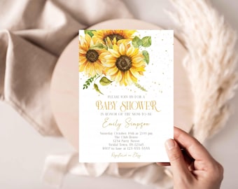May include: A white baby shower invitation featuring a watercolour illustration of sunflowers. The text reads "Please join us for a baby shower in honour of the mom-to-be Emily Simpson. Saturday, 10th October at 2:00 pm. The Club House, 1234 Party Street, Bridal Town, US 12345. RSVP to Jane at 123-555-5555. Registered on Etsy."