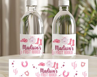 May include: Two clear water bottles with labels that read "Madison's First Rodeo" in pink script. The labels feature cowboy boots, a disco ball, and a horseshoe. A matching label is below.