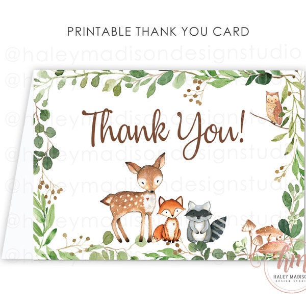 PRINTABLE woodland thank you cards, Woodland baby shower thank you cards, woodland greenery, gender neutral printable thank you notes