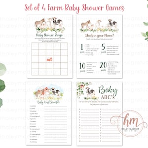 Ensemble de 4 jeux de douche de bébé Floral Farm Farm Bingo Farm Qu’y a-t-il dans votre sac à main Farm Baby’s ABC Baby Word Scramble cartes FICHIER IMPRIMABLE HM596