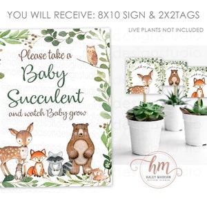 May include: A sign with the text "Please take a Baby Succulent and watch Baby grow" surrounded by green leaves and woodland animal illustrations. Includes 2x2 tags with animal illustrations.