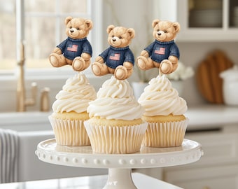 Plaid Teddy Bear Cupcake Toppers, Baby Shower, Birthday Party Decorations (Set of 12)