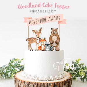 PRINTABLE Pink Adventure Awaits Woodland Cake topper, Woodland baby shower Cake topper, Woodland birthday cake decor, woodland cake topper