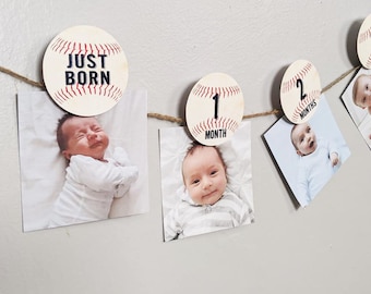 12 month Baseball photo birthday banner, 2.5" Baseball monthly photo banner, Baseball First Birthday Party banner decor, Baby's first year