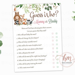 Floral Woodland Baby Shower Game, Guess Who Mommy or Daddy Woodland Game, Woodland Baby Shower Printable Game, Woodland Greenery PRINTABLE