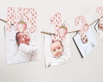 Strawberry First Birthday Party Monthly Photo banner New born-12 months